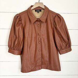 Lulu's faux leather camel brown button down shirt Size medium
